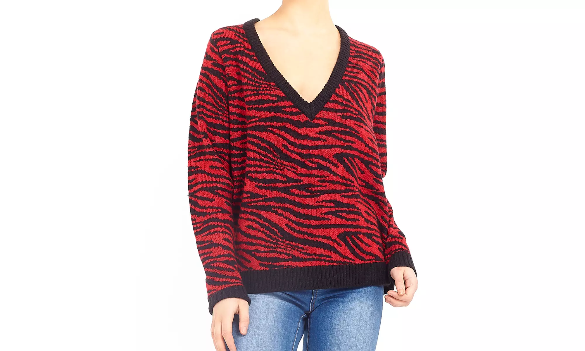 Pull Zèbre, à col en V, pour femmes - Second Medium