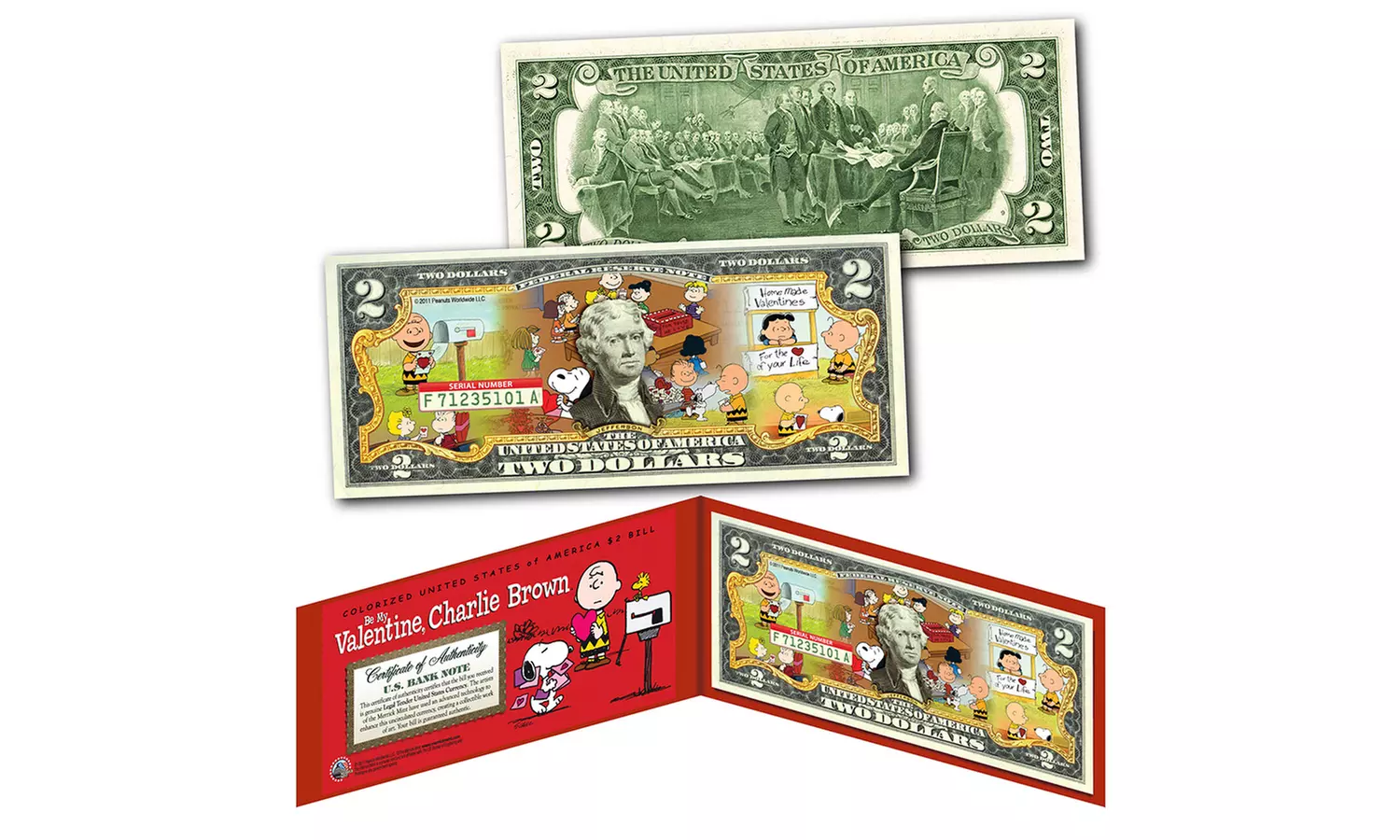 PEANUTS BE MY VALENTINE Charlie Brown Snoopy Genuine Legal Tender 2 Dollar Bill