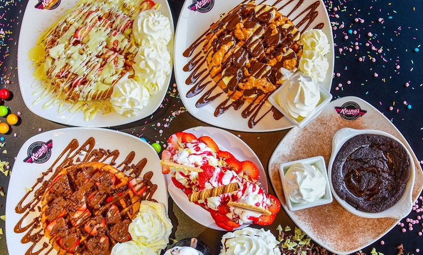 Image 1: Waffle, Sundae or Crêpe with Frappé or Milkshake at Kaspas Desserts