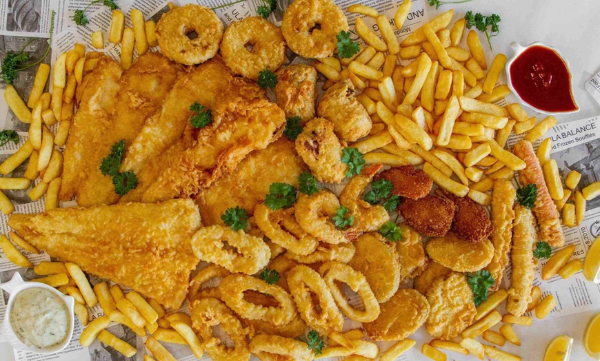 Image 1: Deluxe Or Premium Seafood Platter at Tribeca Village Fish And Chips