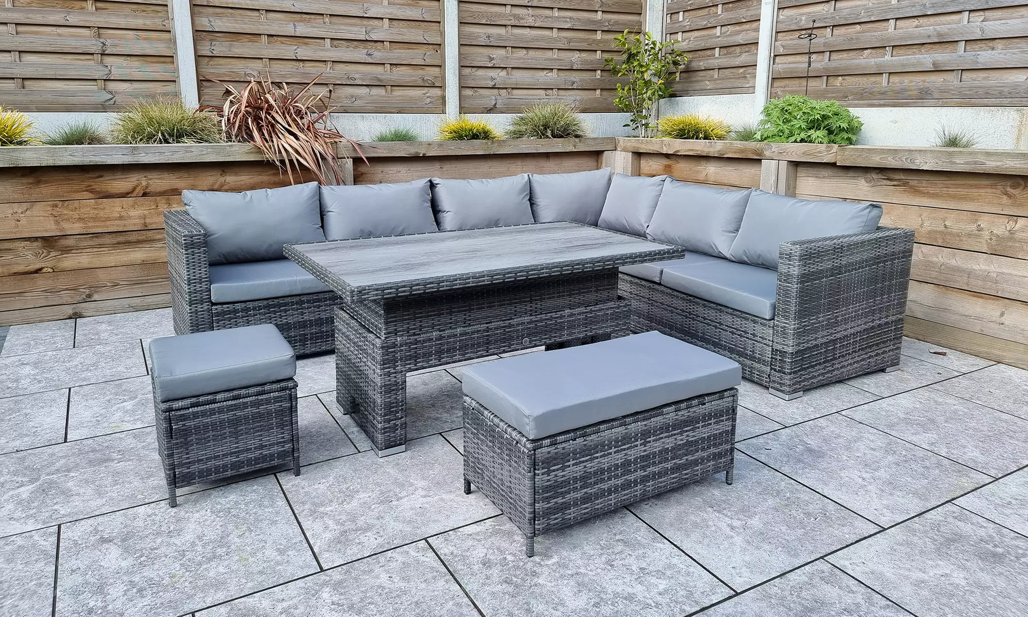 Rattan Effect Austin Corner Sofa Set with HPL Adjustable Height Table - Primary Image