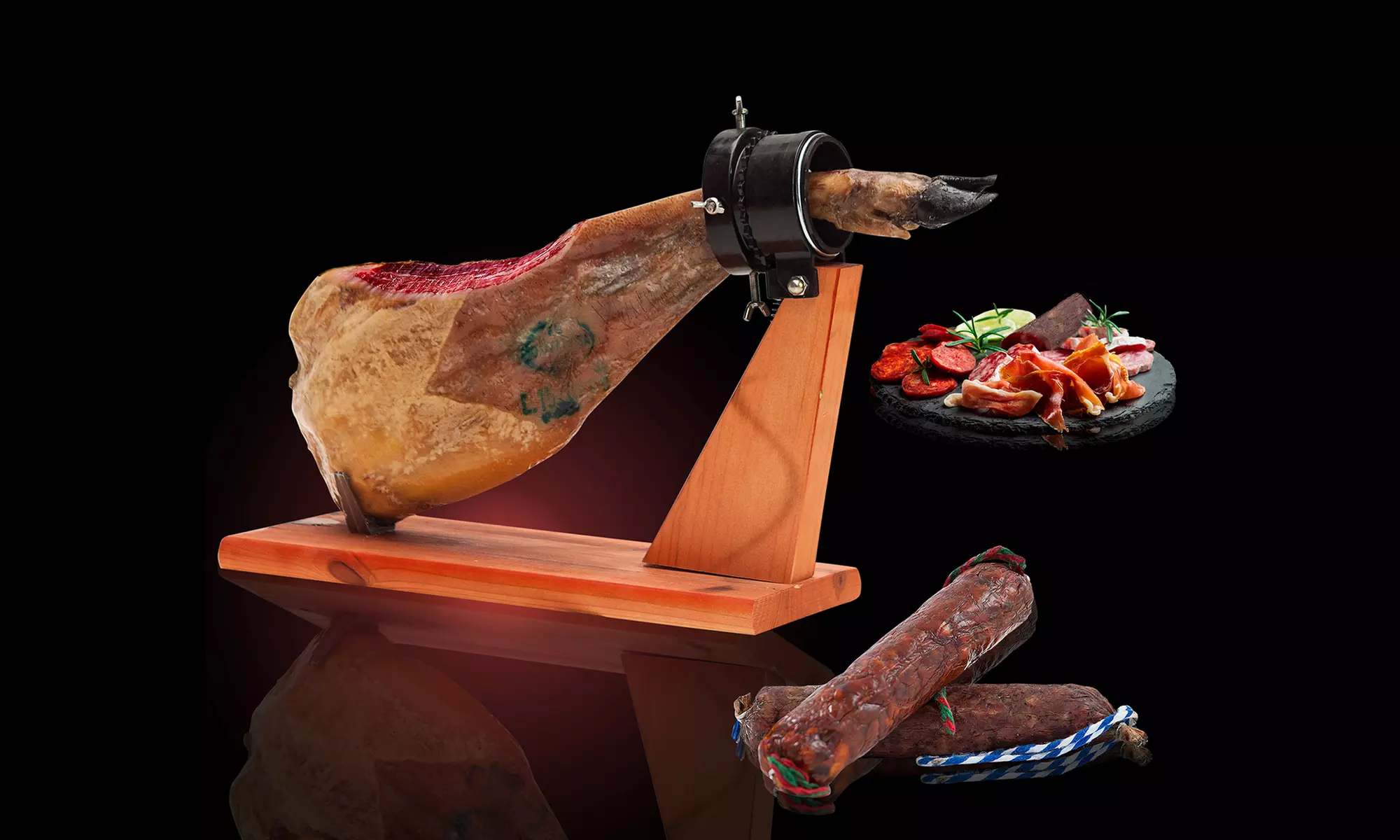 Schulterschinken, Iberian Chorizo Cebo und Iberian Salchichón + opt. Schinken-Halterung, Messer u. Schleifgerät - Primary Image