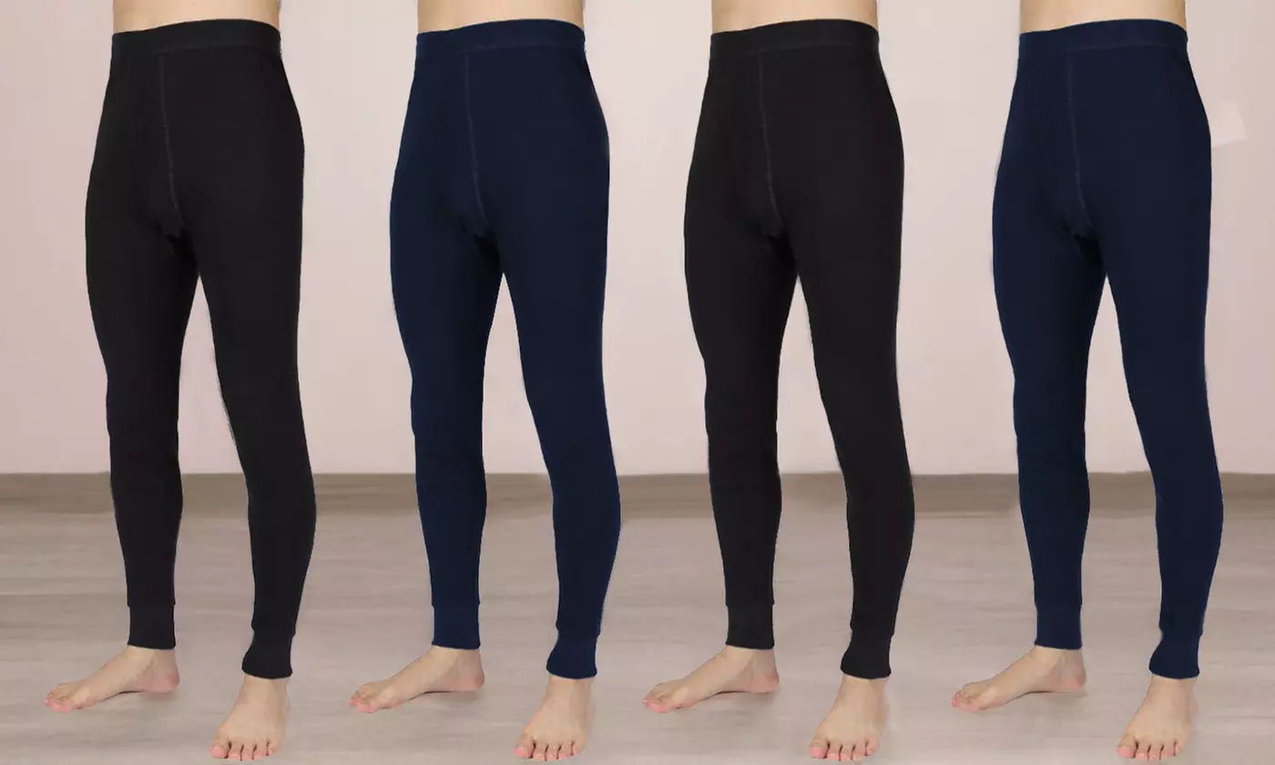 Men Winter Fleece Lined Elastic Thermal Black Long Legging Underwear Pants