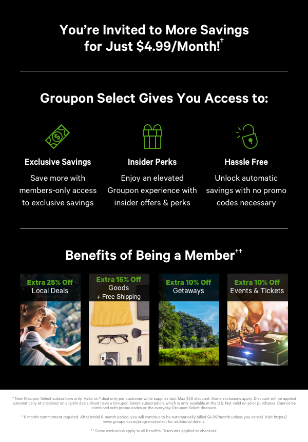 Sign up for Groupon Select - Enjoy extra discounts and benefits. Click to Learn More