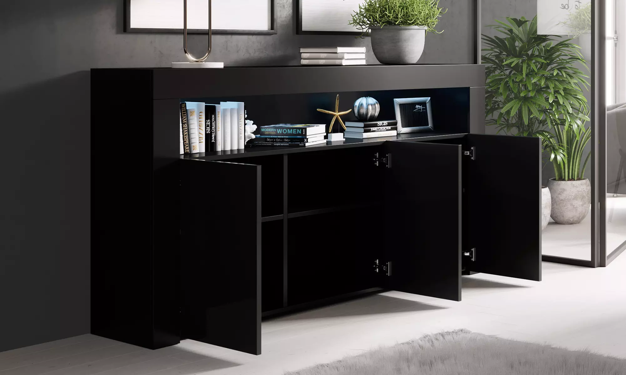 Aparador modelo Aker con acabado en brillo y luz led