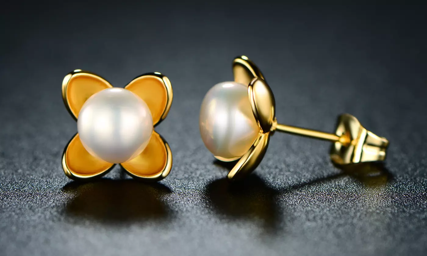 Cultured Freshwater Pearl Flower Stud Earrings By Peermont - Primary Image