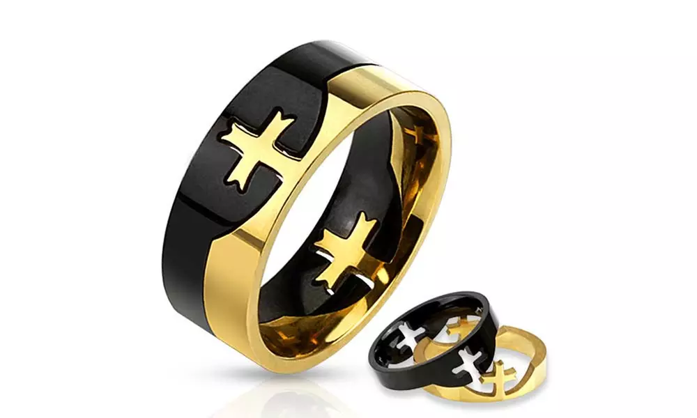 Spikes Men's Two Tone Stainless Steel Cross Puzzle Ring - Primary Image