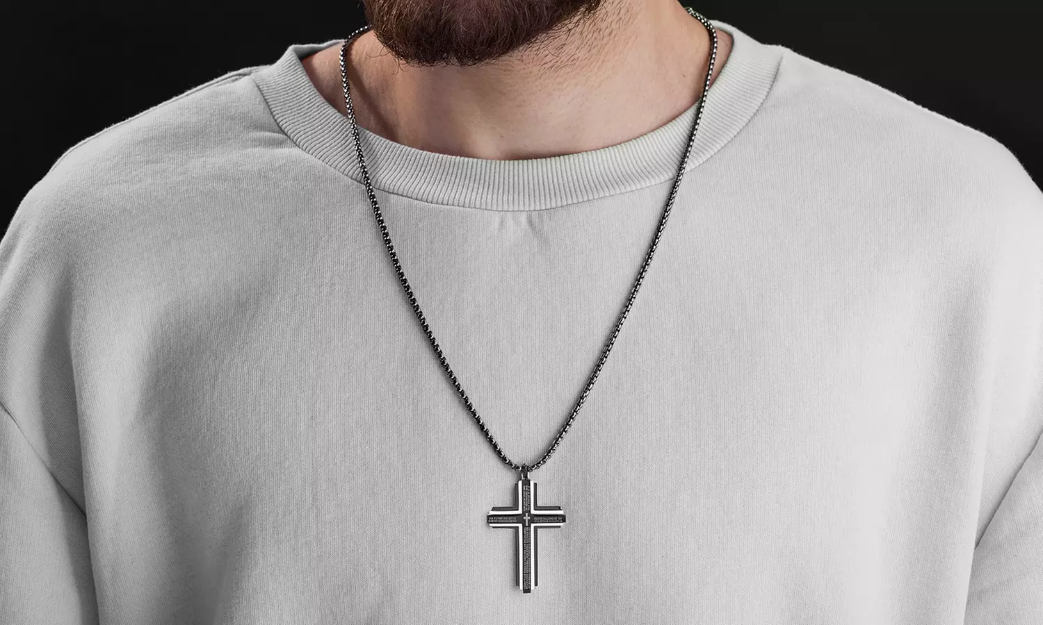 Simply Steel Men's Stainless Steel 2-Tone Layered Lord's Prayer Cross Necklace - Image 3