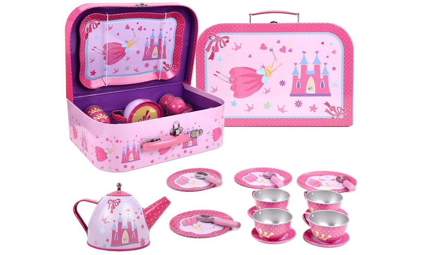 Image 4: 18-Piece Pretend Play Metal Tea Set with Carry Case