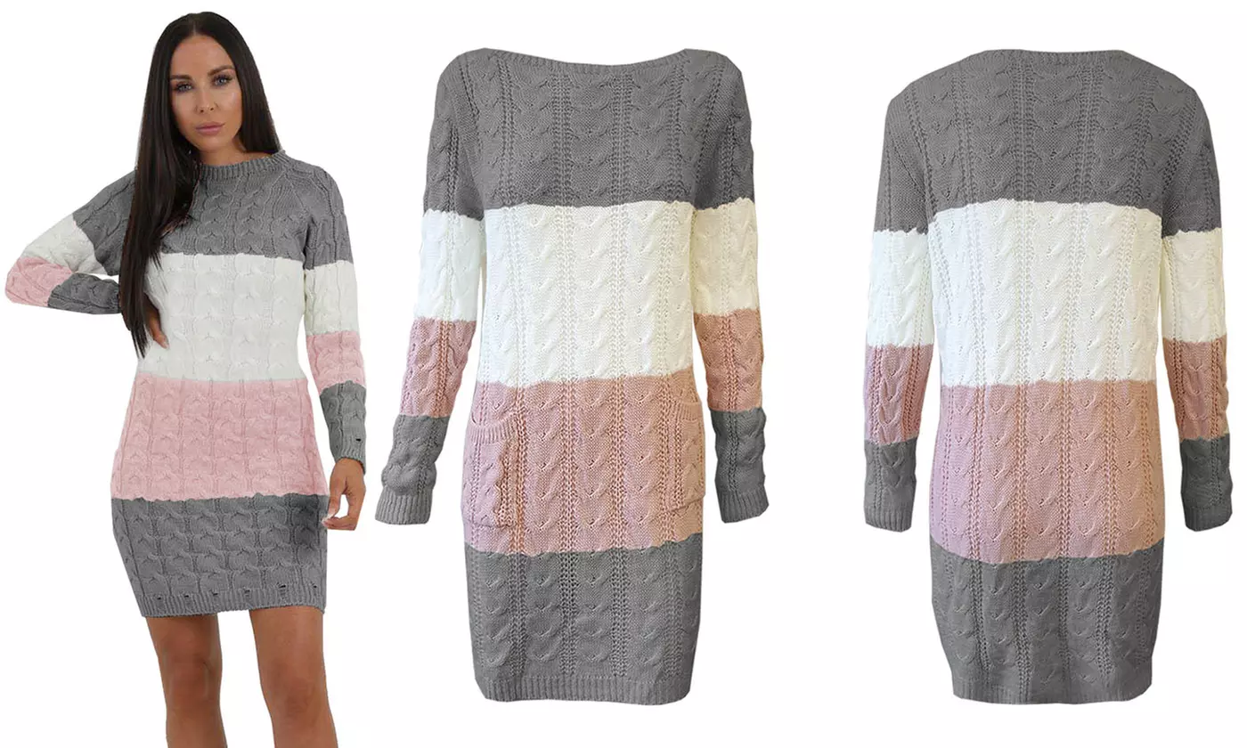 Block Striped Cable Knit Pocket Jumper Dress