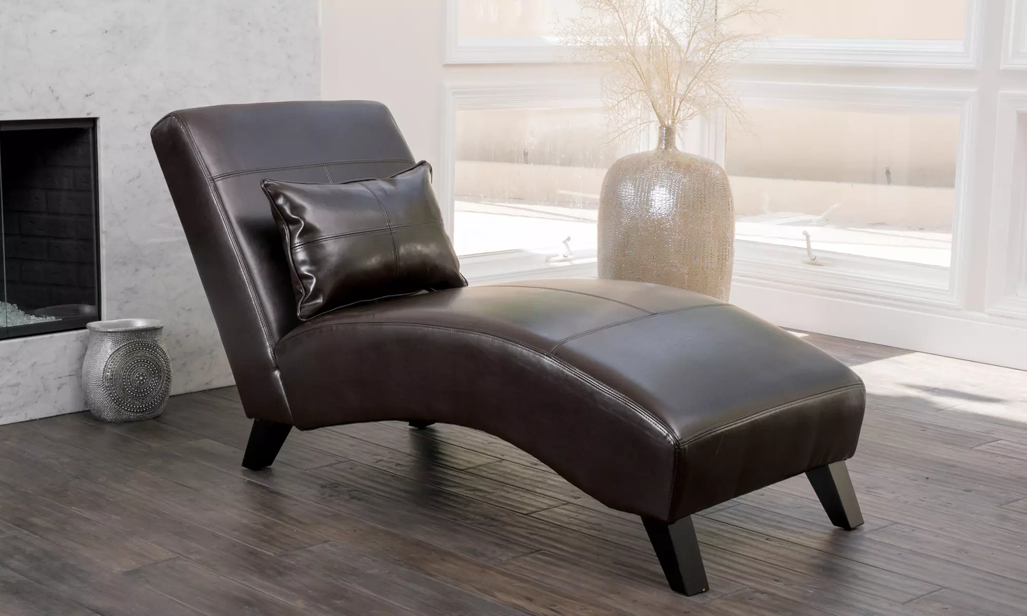 Laguna Brown Leather Curved Chaise Lounge Chair with Cushion - Primary Image