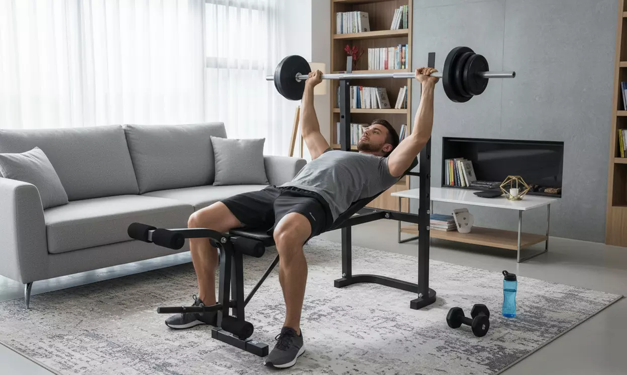 Equipo de entrenamiento O'Fitness: banco de musculación con barra y pesas o tabla ajustable para abdominales - Primary Image