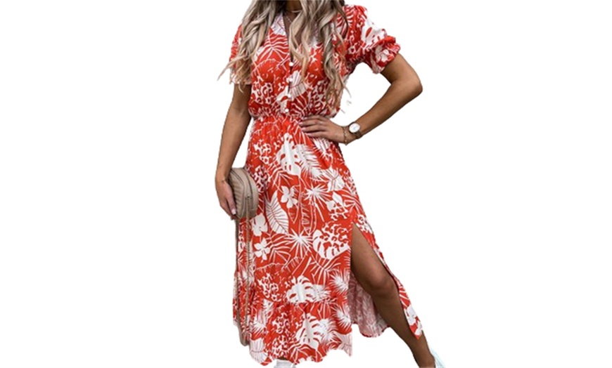 Image 8: Women‘s Summer Floral Print V-Neck Short Sleeve Dress
