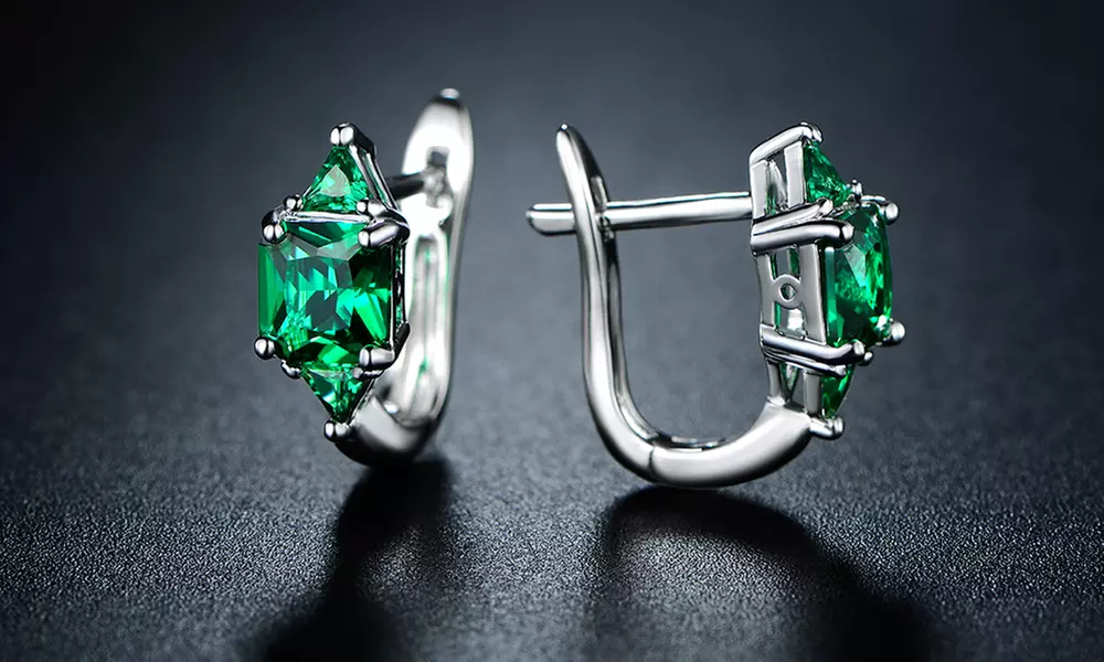 3.00 CTW Princess Cut Emerald Hoop Earrings by Sevil - Primary Image