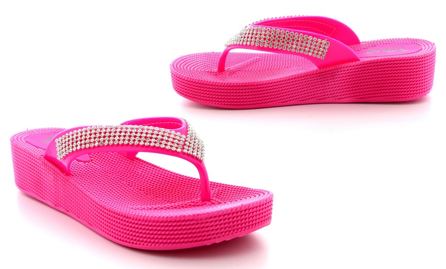 Image 6: Diamante Wedge Flip Flops