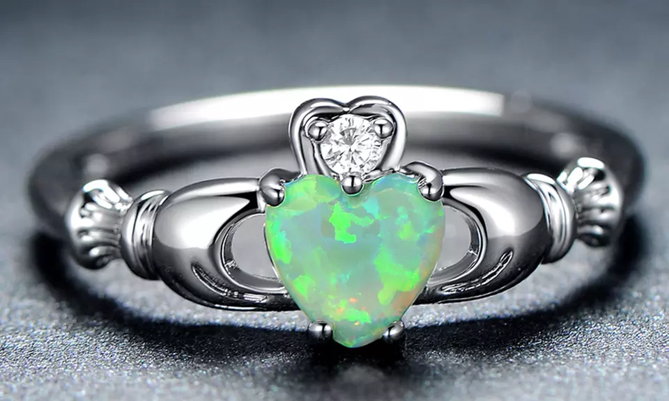 Mossy Green Lab Created Opal Claddagh Ring by Gembassy
 - Primary Image