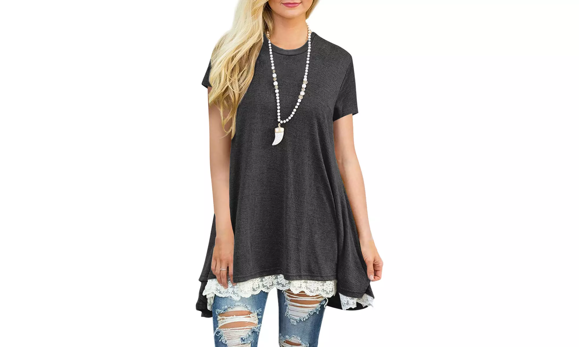 Women's Long Lace-Trim Top. Plus Sizes Available. - Second Medium