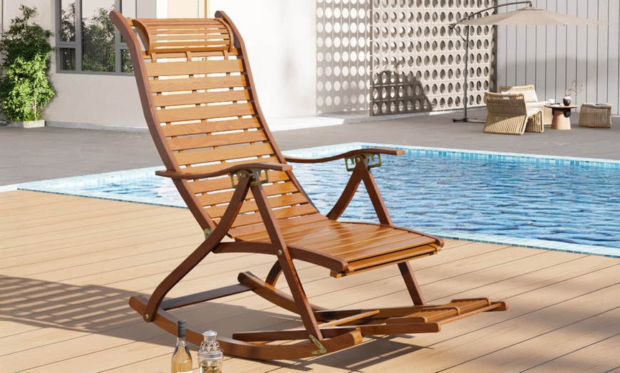 Image 2: Ergonomic Foldable Bamboo Recliner Chair with Retractable Footrest