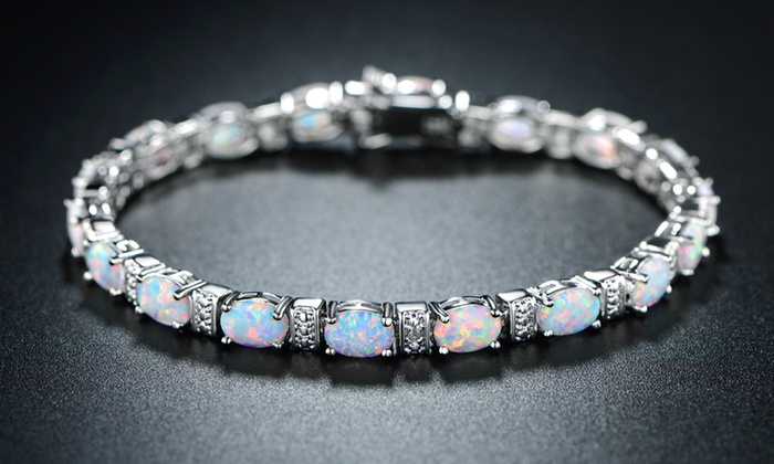 White Fire Opal and Diamond Accent Tennis Bracelet by Peermont | Groupon