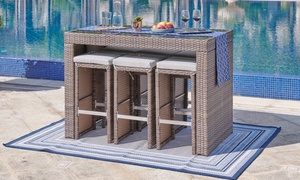 Six-Seater Rattan-Effect Garden Furniture Table and Bar-Stool Set