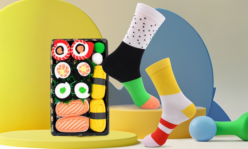 Image 1: 3, 4 or 5 Pairs of Salmon Sushi Funny Socks