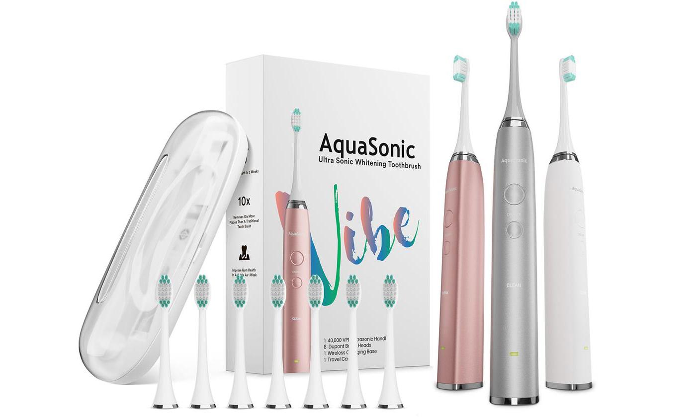 AquaSonic VIBE UltraSonic Whitening Toothbrush with 8 DuPont Brush Heads and Travel Case