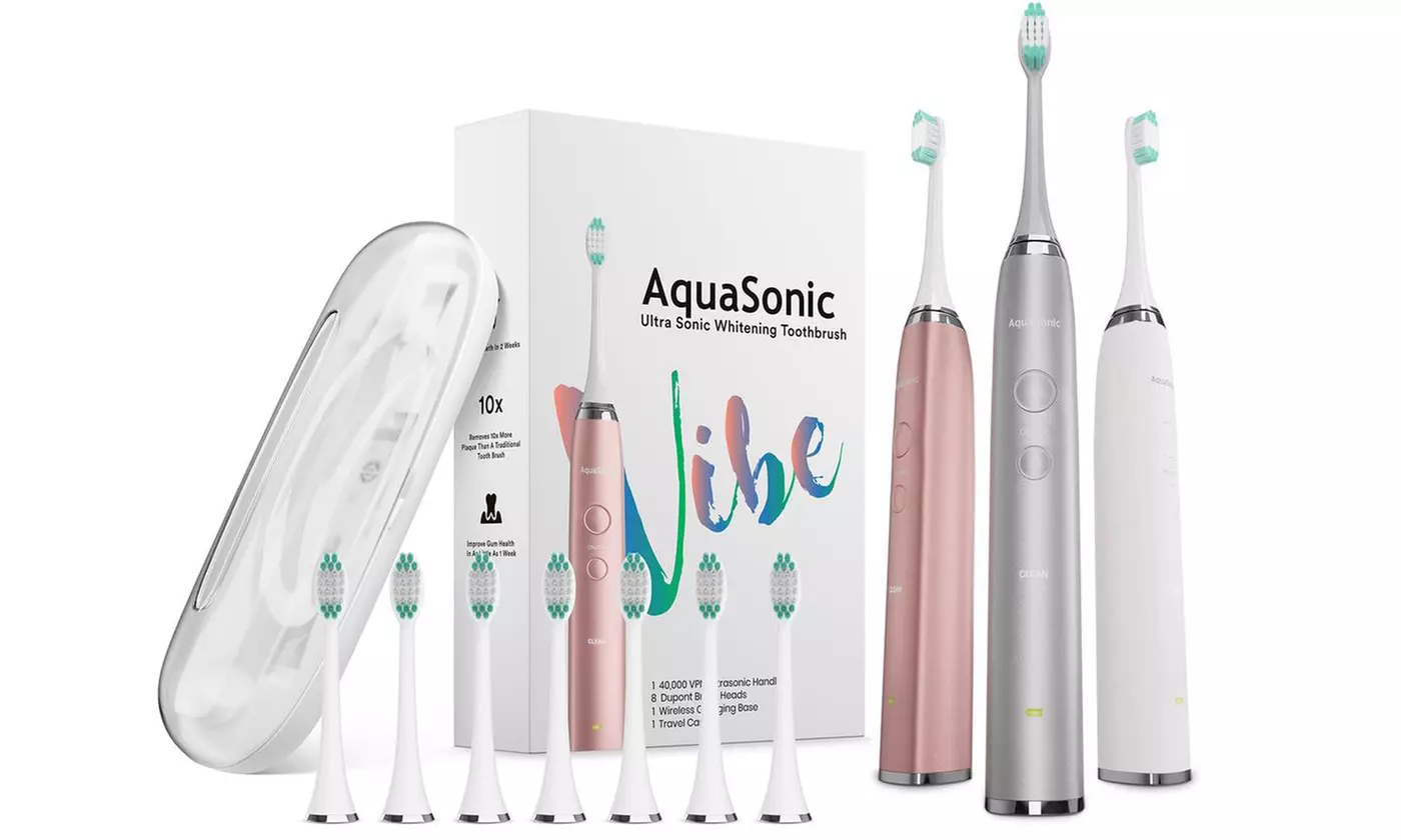 AquaSonic VIBE UltraSonic Whitening Toothbrush with 8 DuPont Brush Heads and Travel Case - Primary Image