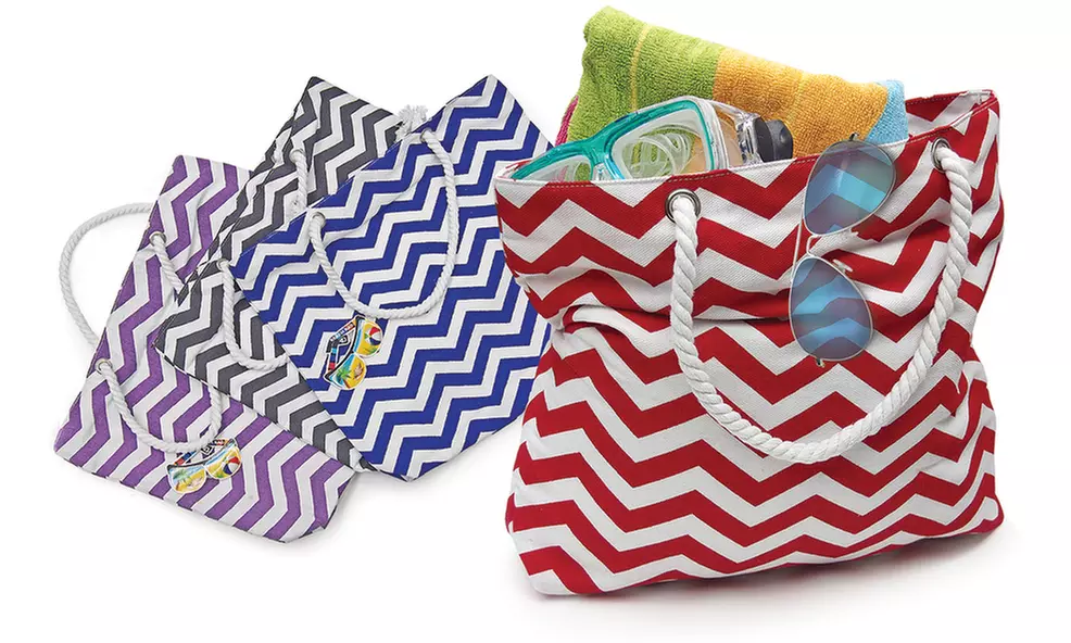 Chevron or Striped Printed Beach Tote Bag with Inner Zipper Pocket and Rope Handles - Second Medium