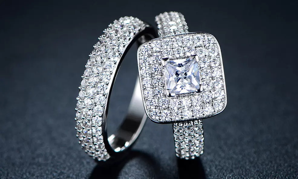 Double Princess-Cut Cubic Zirconia Engagement Ring Set - Primary Image