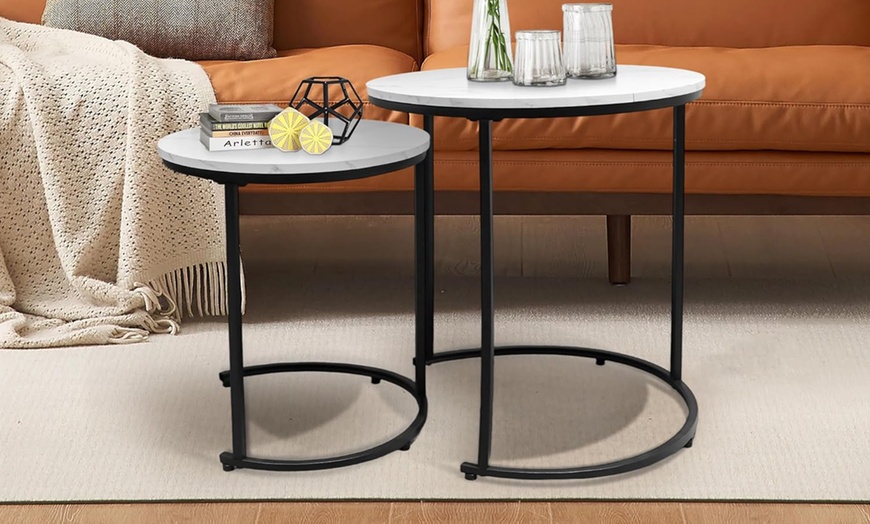 Image 2: Alivio Set of Two Round Metal Frame Coffee Tables with Wooden Top