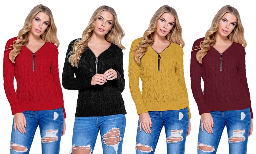 Image 1: Women's V-Neck Zip Front Cable Knit Jumper