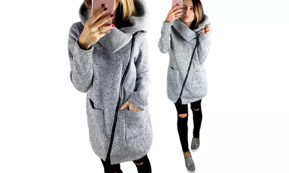 Modischer Damen-Sweater mit Reißverschluss und großem Kragen in Grau - Primary Image