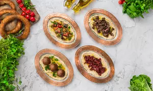 Köstliches Humus-Gericht nach Wahl mit einem süßen Dessert für 1-4 Pers. - Frisch & authentisch (bis 24% sparen)