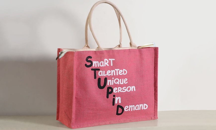 Image 20: Printed Zippered Hessian Bag