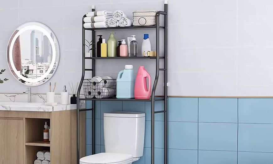 Image 3: 3-Tier Metal Bathroom Organiser Over Toilet Shelf in Black