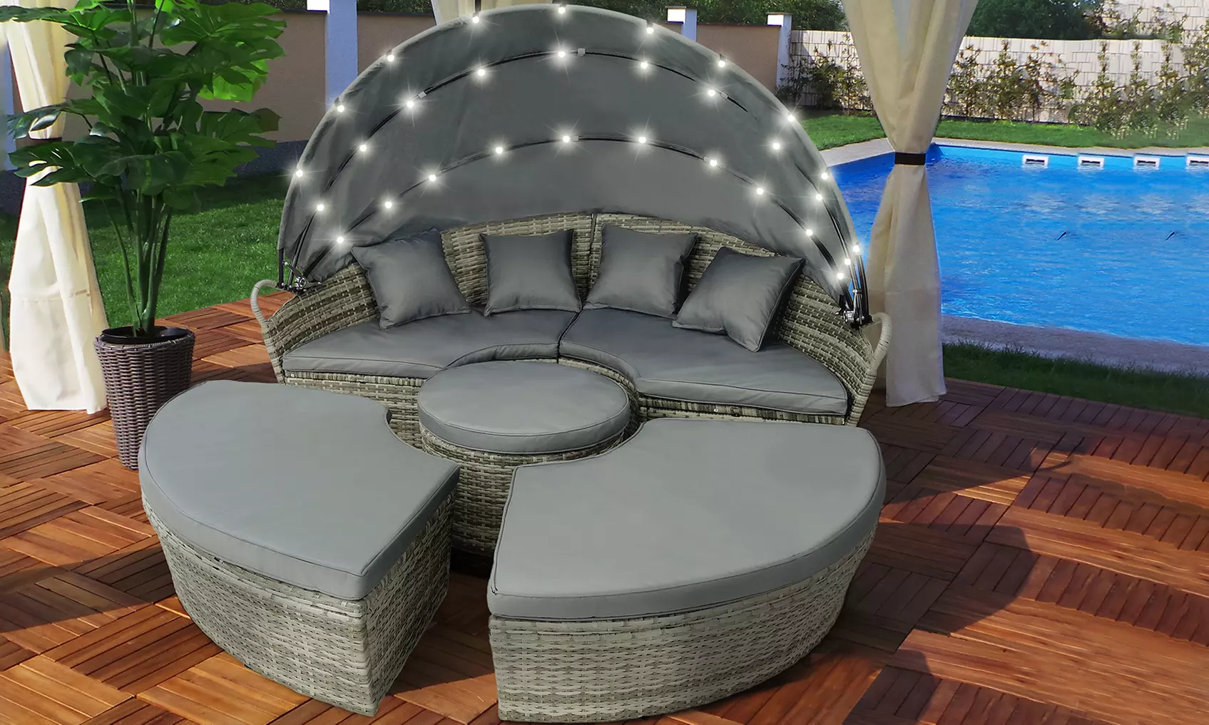 Rotan eiland tuinmeubelset met parasol in kleur naar keuze