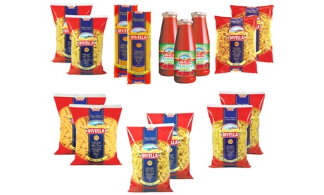 Daily Life Box con 12 confezioni da 500 g di vari tipi di pasta e 3 bottiglie da 680 g di passata di pomodoro Divella