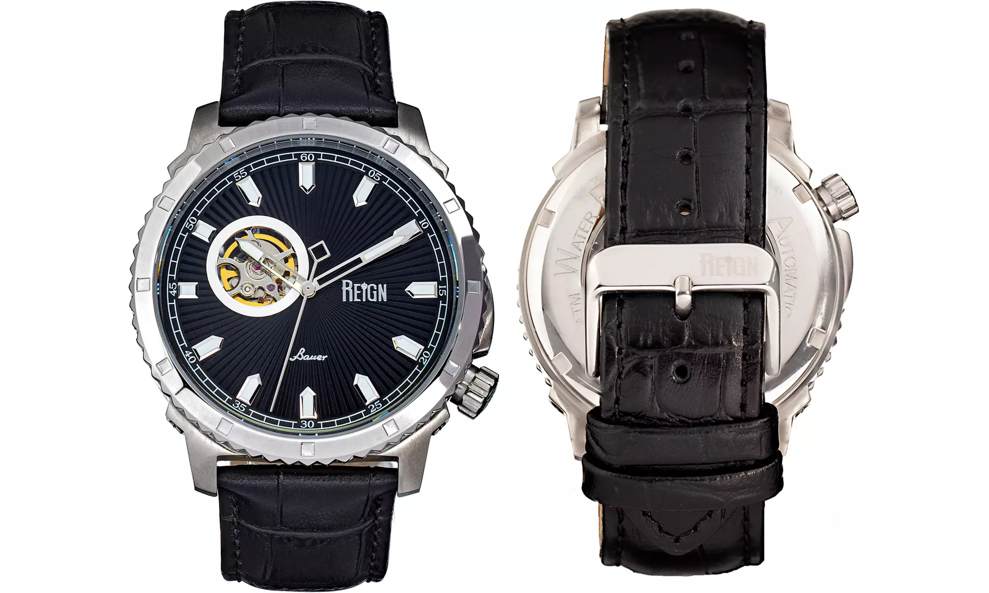 Reign Bauer Automatic Semi-Skeleton-Uhr mit Leder-Armband