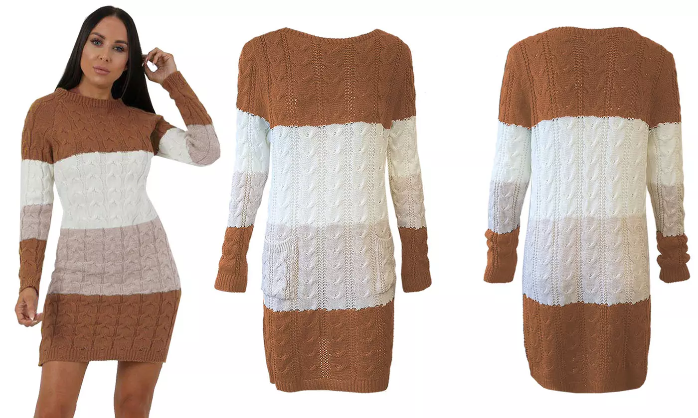Block Striped Cable Knit Pocket Jumper Dress