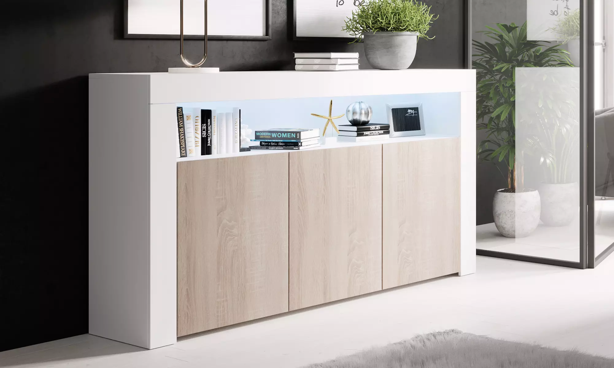 Aparador modelo Aker con acabado en brillo y luz led