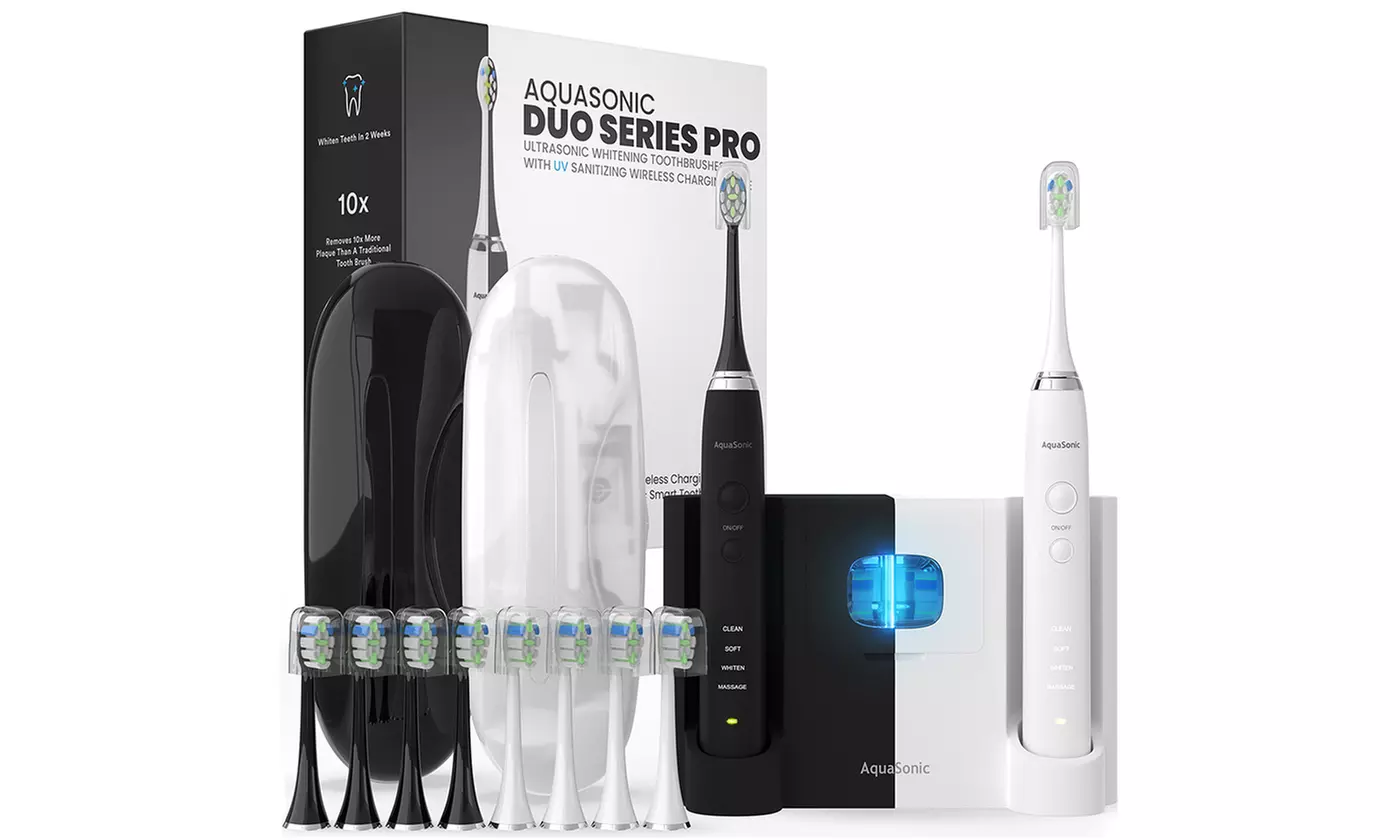 AquaSonic Duo PRO Dual Handle Whitening Smart Toothbrushes with Travel Cases - Primary Image