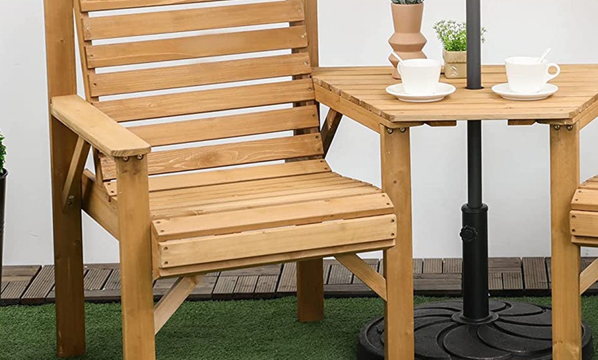 Image 6: Outsunny Wooden Garden Love Seat with Coffee Table and Parasol Hole