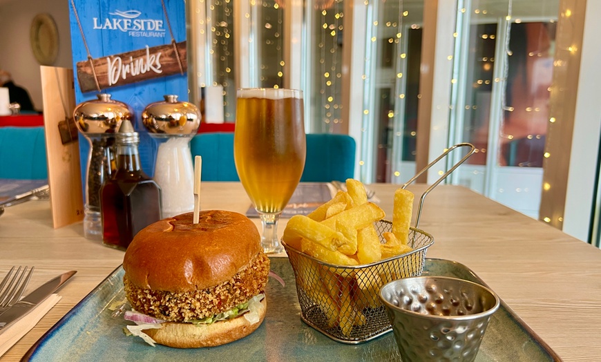 Image 1: Chicken or Veggie Burger with Chips and Salad and Beer for 1, 2, or 4