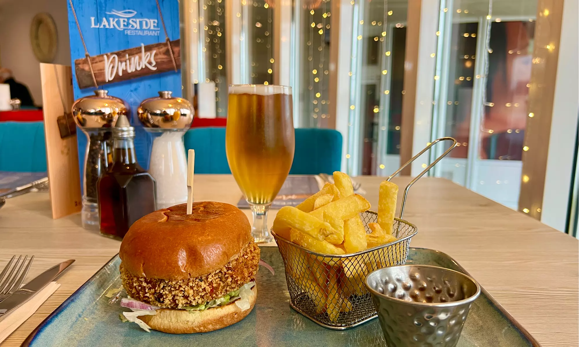 Chicken or Veggie Burger with Chips and Salad and Beer for 1, 2, or 4