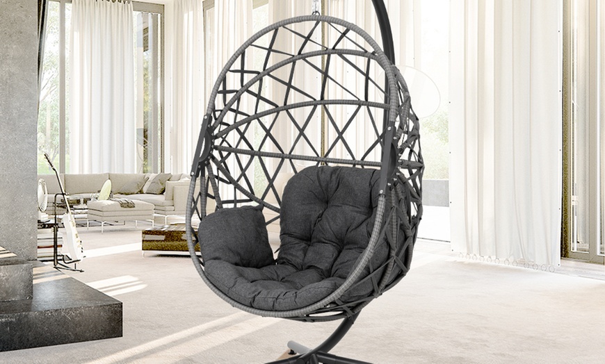 Image 1: Black Outdoor Hanging Egg Chair with Cushion