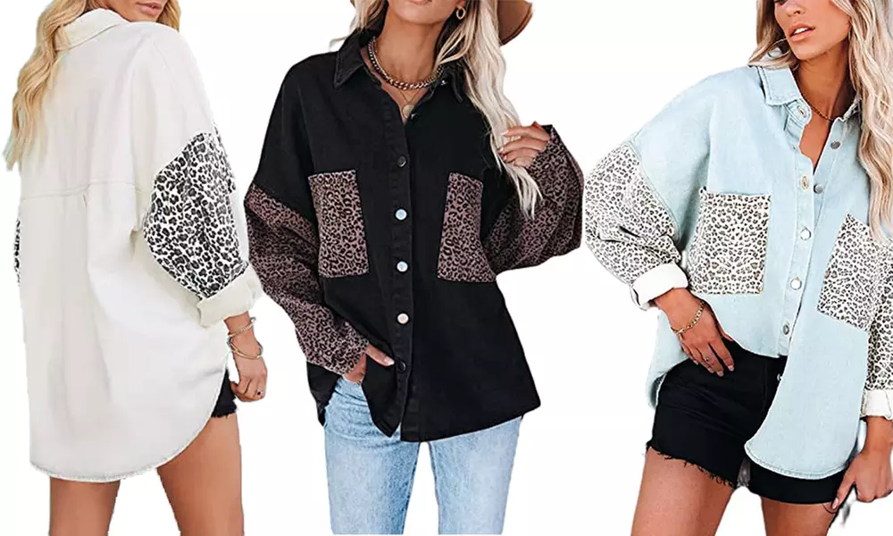 1 o 2 chaquetas tipo denim con bolsillos y mangas de estampado de leopardo - Primary Image