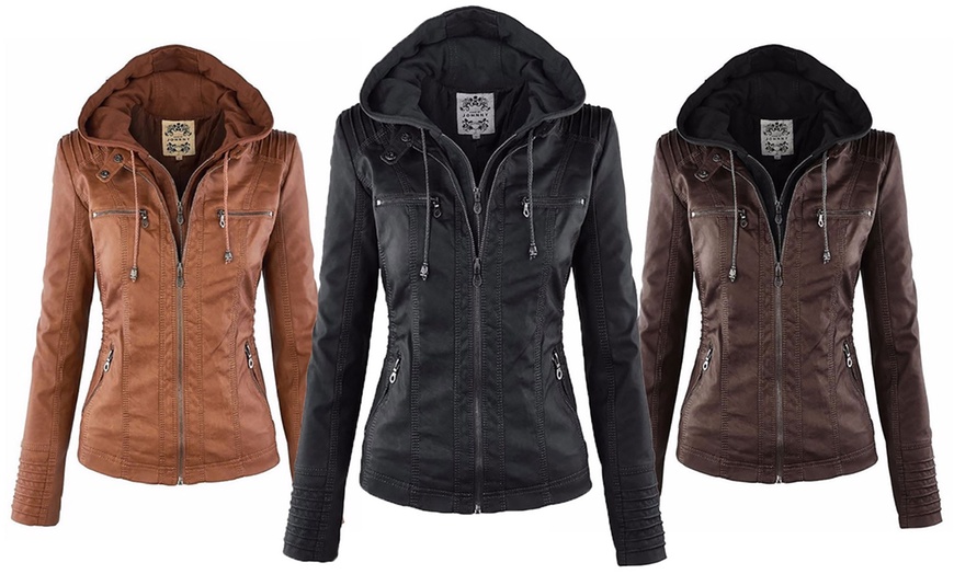 Image 1: Faux Leather Hooded Jacket