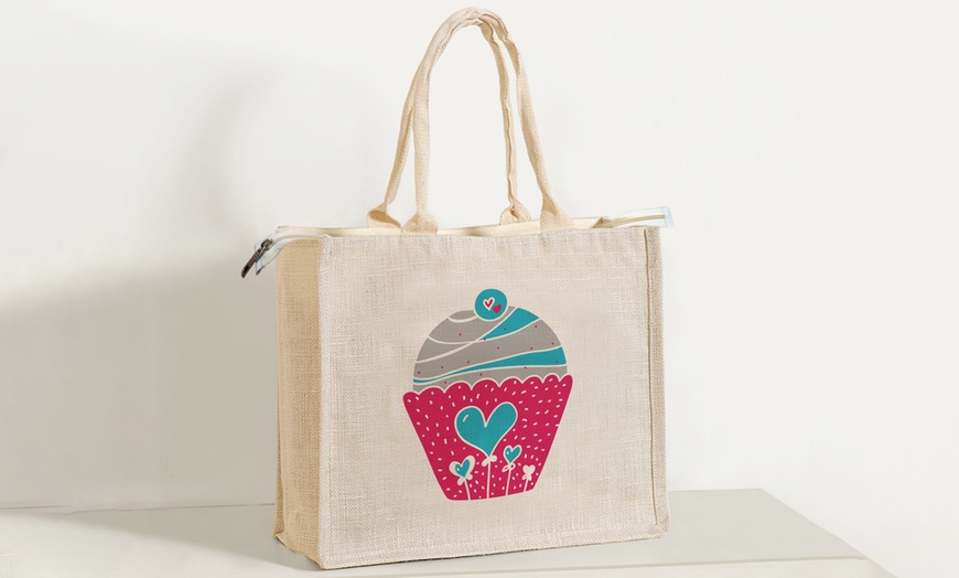 Image 12: Printed Zippered Hessian Bag