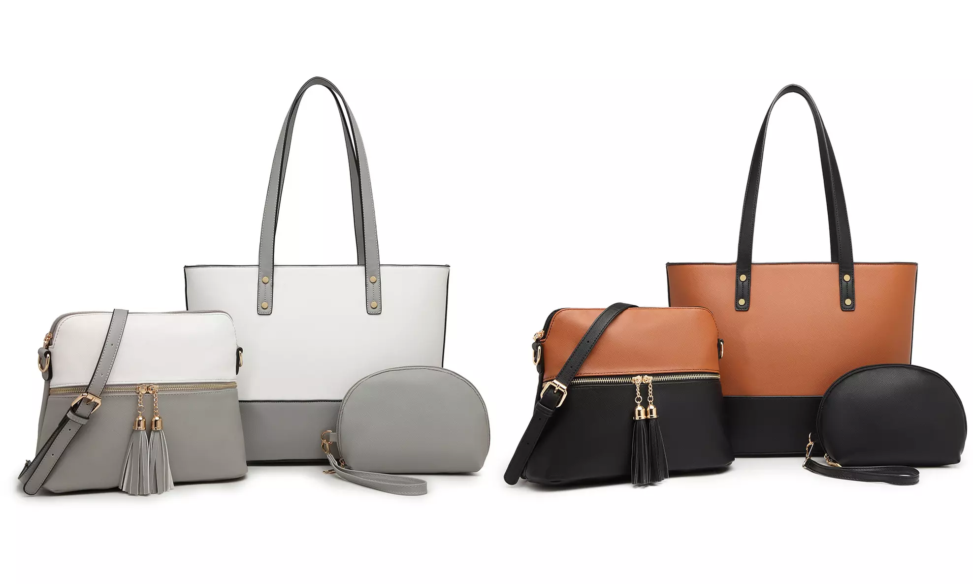 Set comprend 1 sac à main cabas, 1 sac à main bandoulière et 1 trousse de la marque Miss Lulu - Primary Image