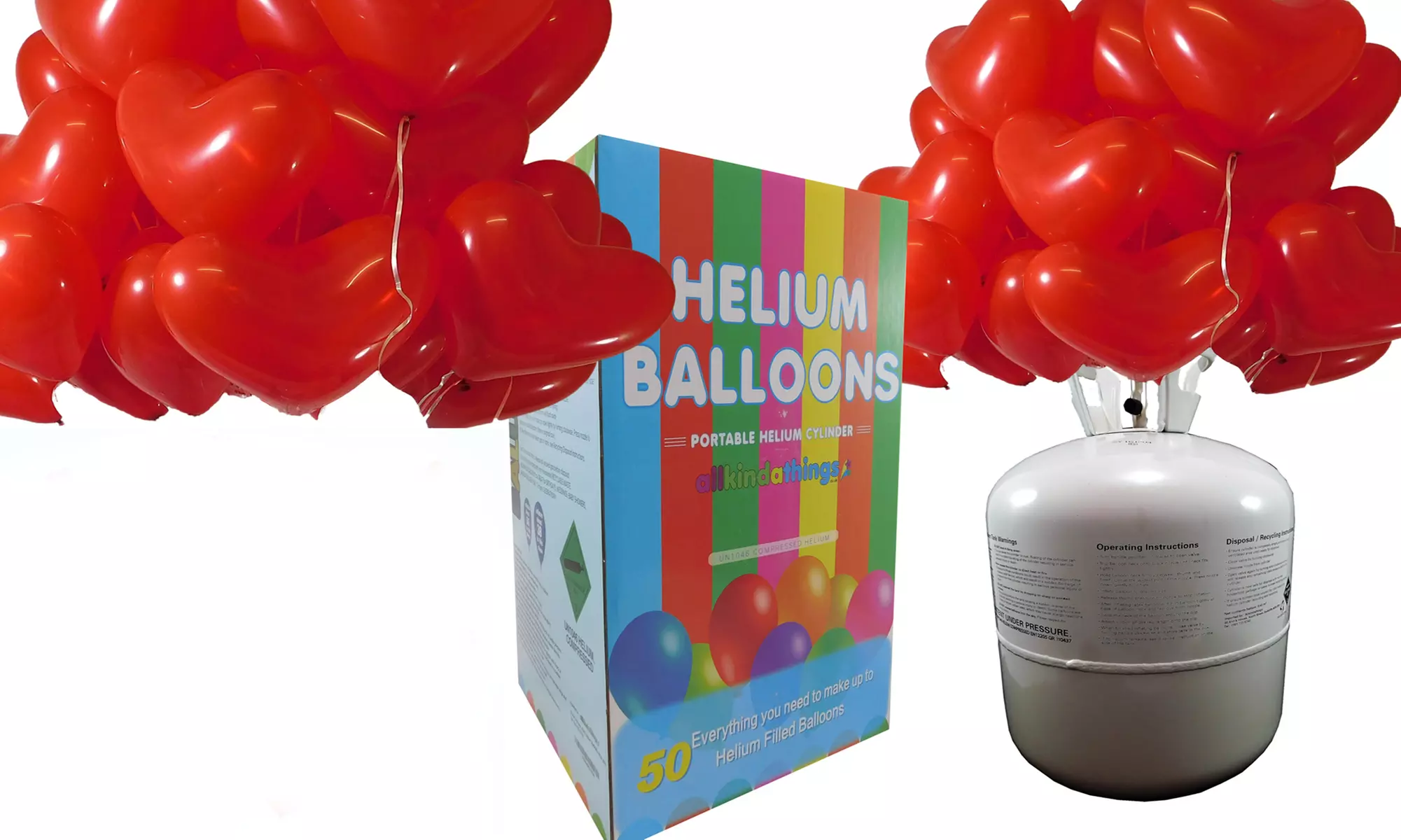 Disposable Helium Gas Canister with 30 Heart-Shaped Balloons - Primary Image